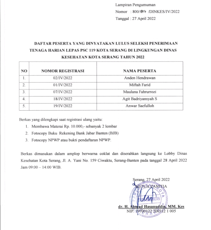 Pengumuman Hasil Akhir Seleksi Petugas PSC 119 Kota Serang