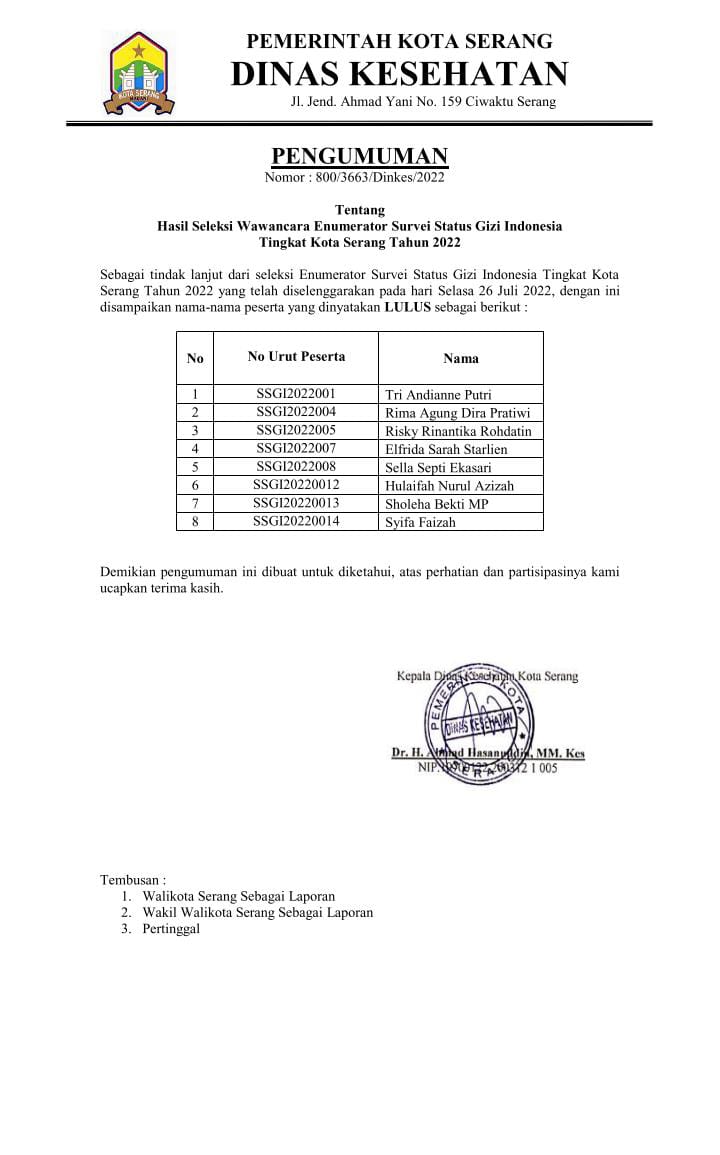 Hasil seleksi tes wawancara Enumerator Survei Status Gizi Indonesia Tingkat Kota Serang Tahun 2022